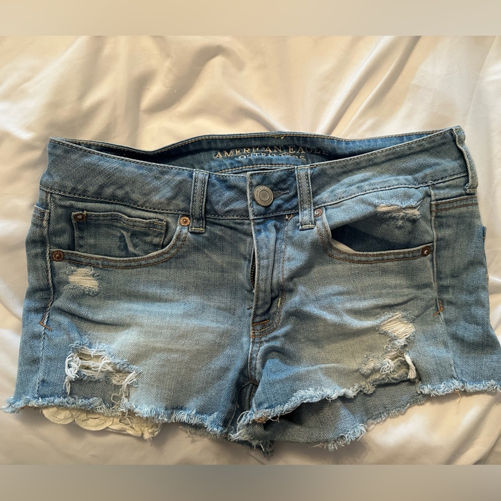 Y2K American Eagle Womens Size 6 Jean Shortie Shorts Distressed Stretch #1062